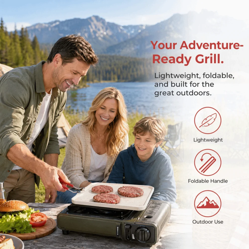Reusable Aluminum Alloy Grill Pan Nonstick Foldable Handle Griddle Plate White Ridged Surface Frying Pan Camping Cooking