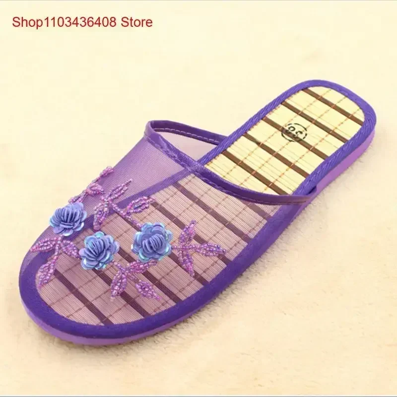 Womens Ladies Handmade Flowers Fashion Floral Slippers Slides On Flats Mesh Flip Flop Loafers Mules Fresh Breathable Home