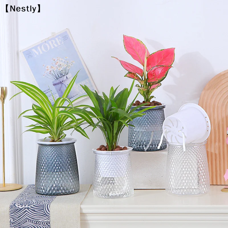 Double-layer Self Watering Plant Pot Transparent  Flower Vase Automatic Lazy Potted Flower Pot Hydroponic Flowerpot Decor〔Nest〕