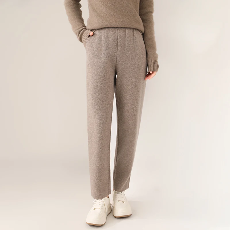 

Autumn Winter Women 100% Merino Wool Trousers Fashion New Style Thick Warm Pencil Pants Comfortable Elastic Waist Knit Pants