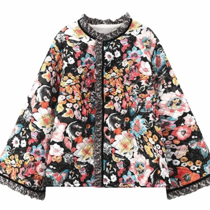 Vintage Floral Flower Printed Coat Women Fleece Thick Warm Long Sleeve Quilted Jacket 2025 Autumn Winter Female Fashion Clothing