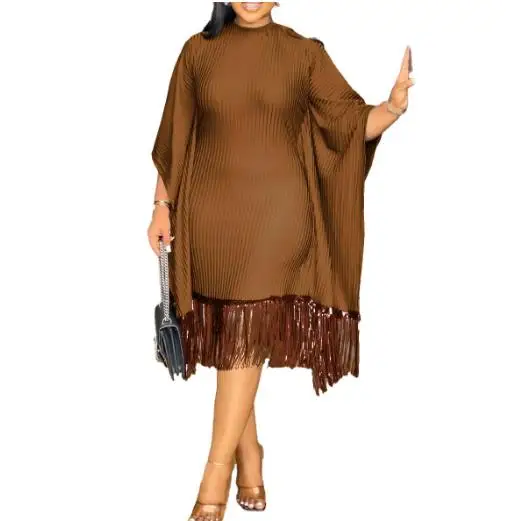 

Womens Dresses 2025 Spring Summer New Solid Color Sequin Tassel Decor Batwing Sleeve Round Neck Casual Hip Hugging Dress