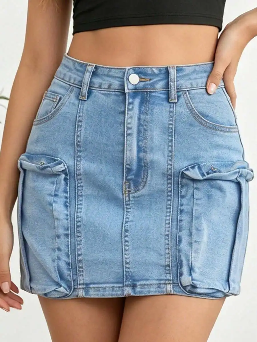 

Womens Mid Rise Stretch Denim Mini Skirt With Cargo Zip Pockets