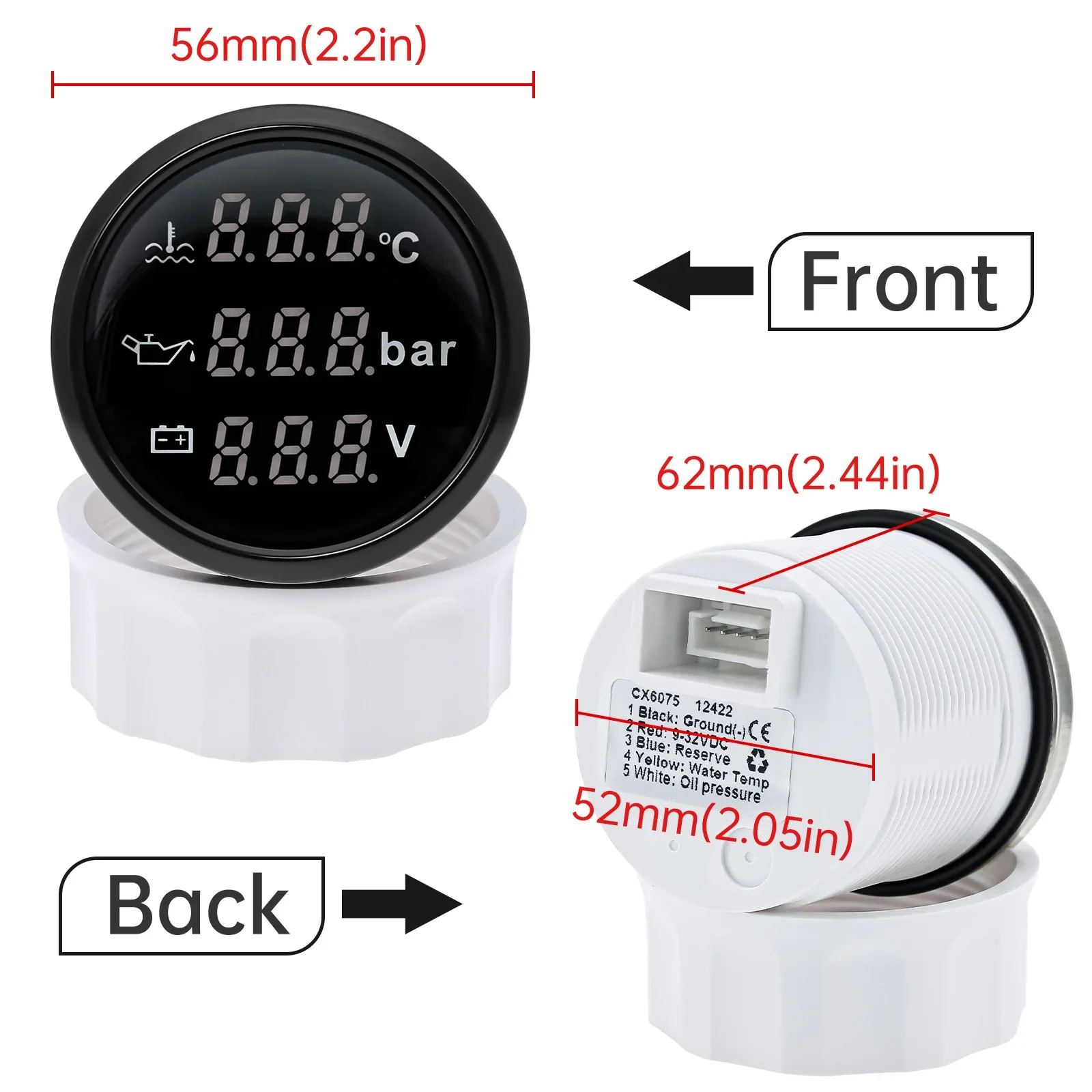 52mm Digital 3 in 1 Car Gauge Water Temperature Oil Pressure Voltmeter with Red Backlight Water Tempe Sensor Oil Pressure Sensor
