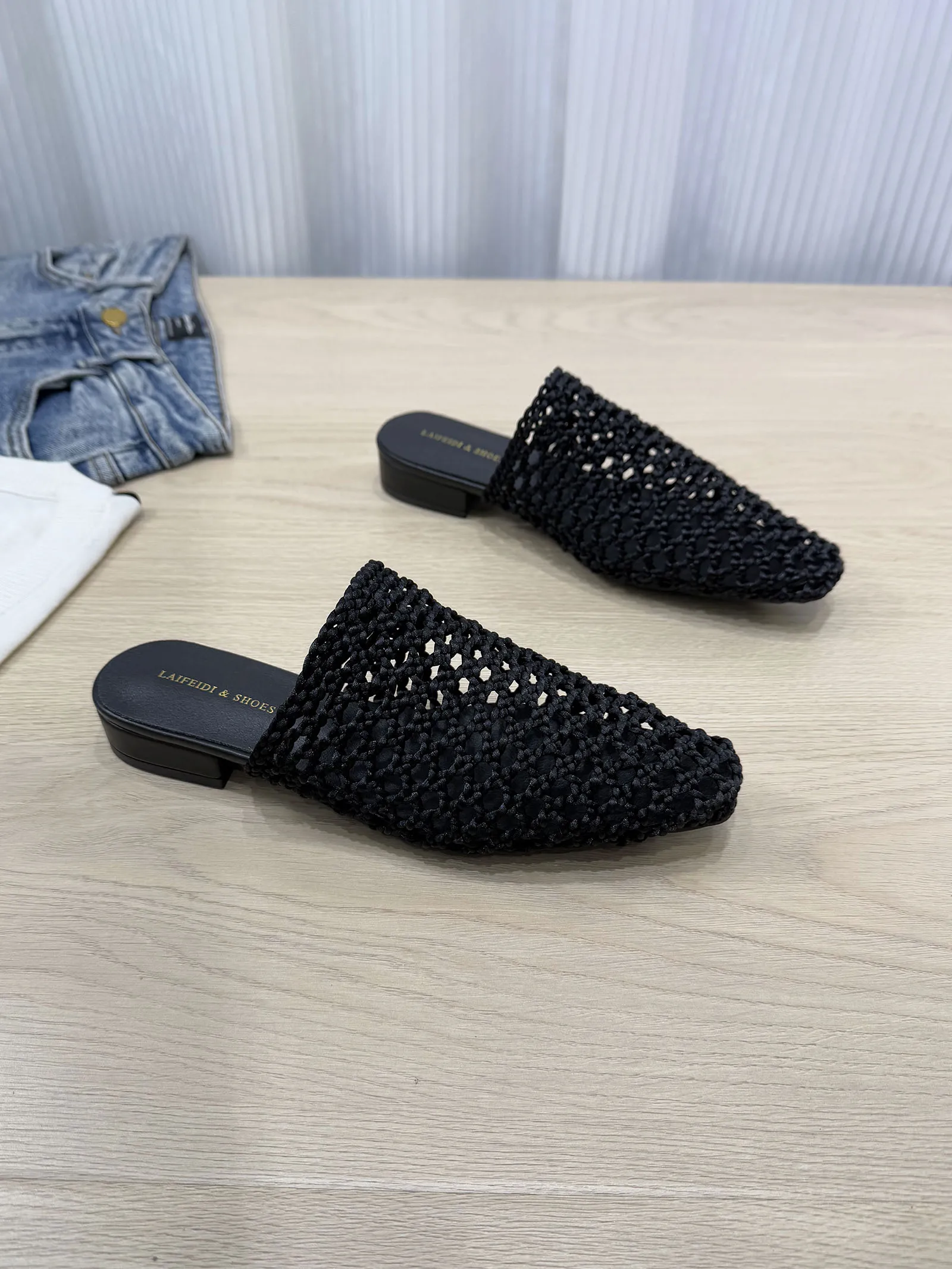 summer-2026-women's-square-head-fishing-net-slip-on-sandals-low-heel-hollow-weave-toe-covering-half-slippers-rubber-bottom