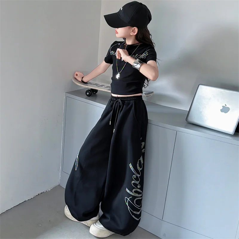 Teenage Girls Streetwear Dance Jazz Clothing Sets Summer Tshirt+Pants 2PCS Children's Fashion New Black Cool Outfits 8 10 12 14Y