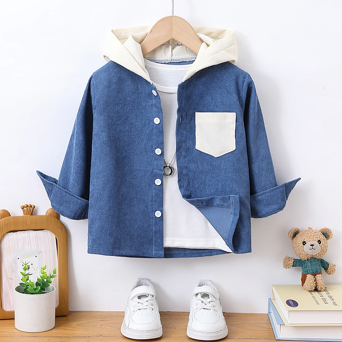 

Autumn boys' fashionable casual hooded long-sleeved button-up color-blocked shirt