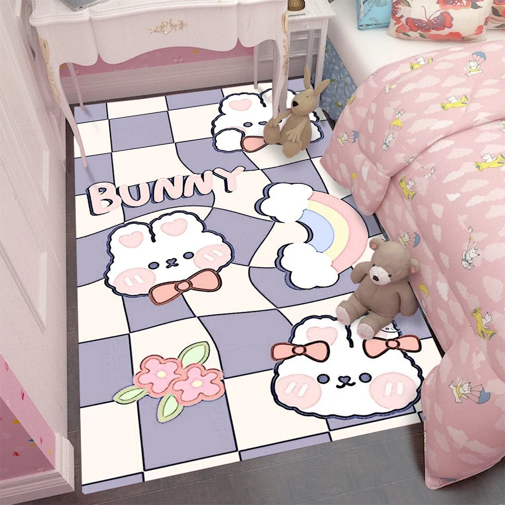 Purple Checkered Cartoon Cute Bunny Carpet CartoCartoon Home Carpet Full Coffee Table Bedside Living Room Carpet