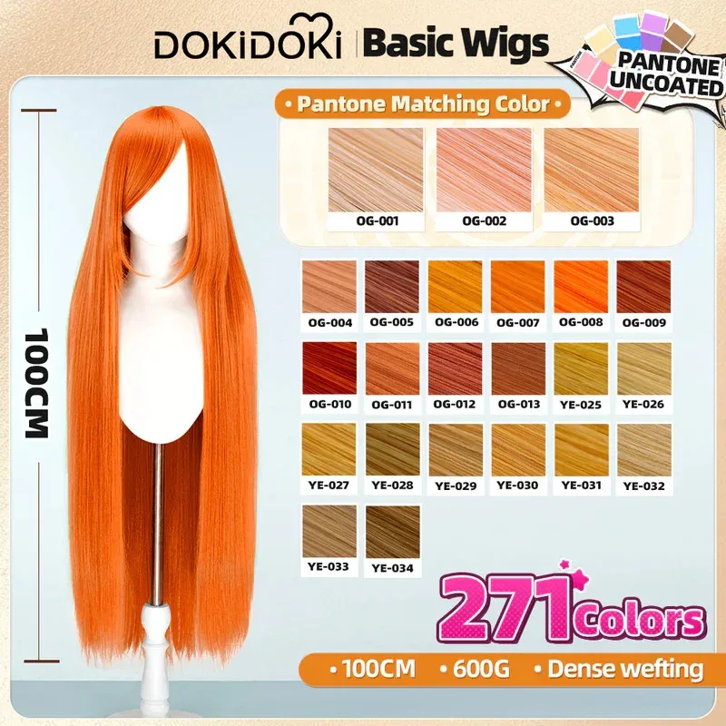 qq28LQ100cm الأساسية تأثيري DokiDoki النساء أصفر أحمر أرجواني أزرق بني أخضر وردي طويل الشعر عالية مقاومة للحرارة شعر مستعار هالوين
