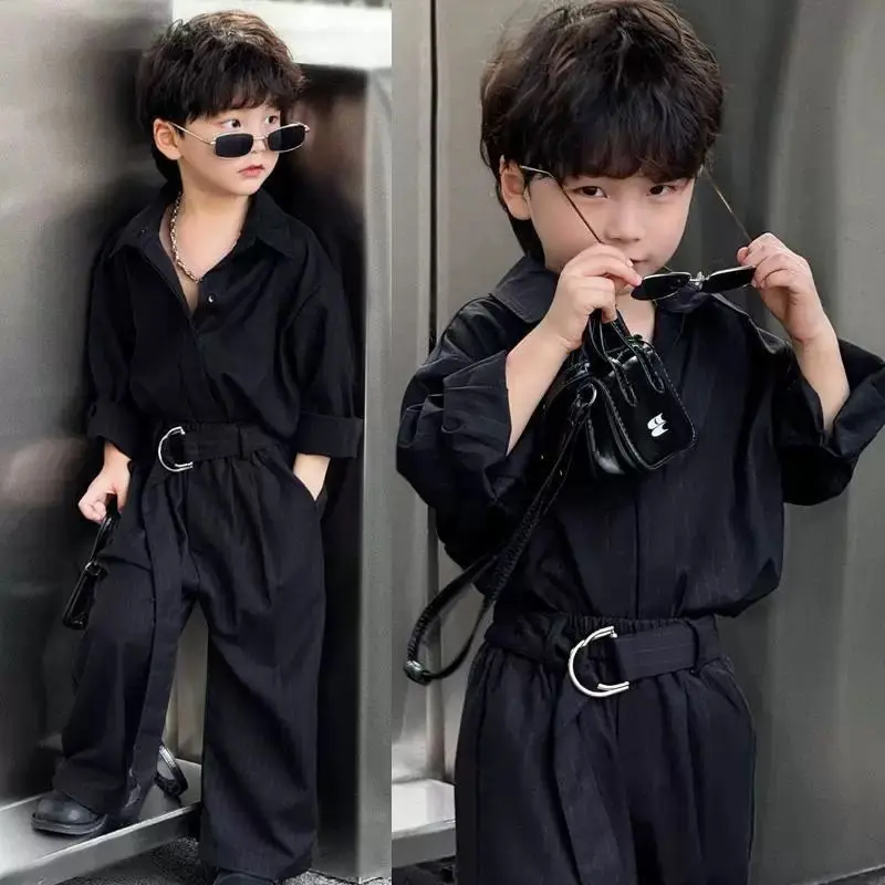 

Комплект из 2 предметов, весенне-осенний комплект одежды для мальчиков, черные рубашки + брюки, детский костюм, красивая уличная одежда для маленьких мальчиков