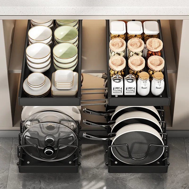 

Under Cabinet Sliding Pot Lid Storage Holder Kitchen Adjustable Slide Out Dish Pan Storage Rack Shelf Pots and Pans Organizer