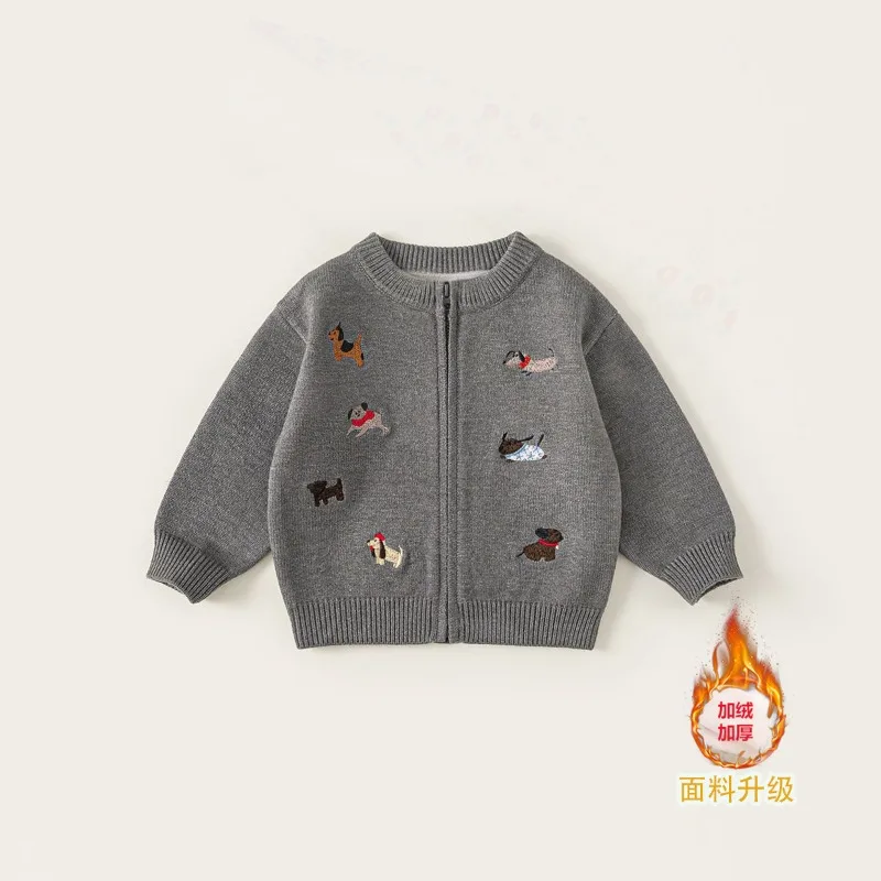UNITIM Herbst Kinder Jungen Pullover Strickjacke mit Hundestickerei 2-8 Jahre Kinder Jungen Strickwaren Langarm Oberbekleidung Mantel für Babys Jungen – Detail 6
