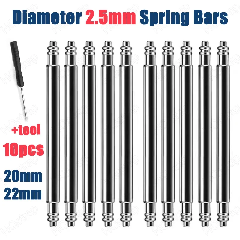 10pcs Watch Band Spring Pins Diameter 2.5mm  Stainless Steel Spring Bars Strap Link Pins 20mm 22mm watch Repair Toos accessories