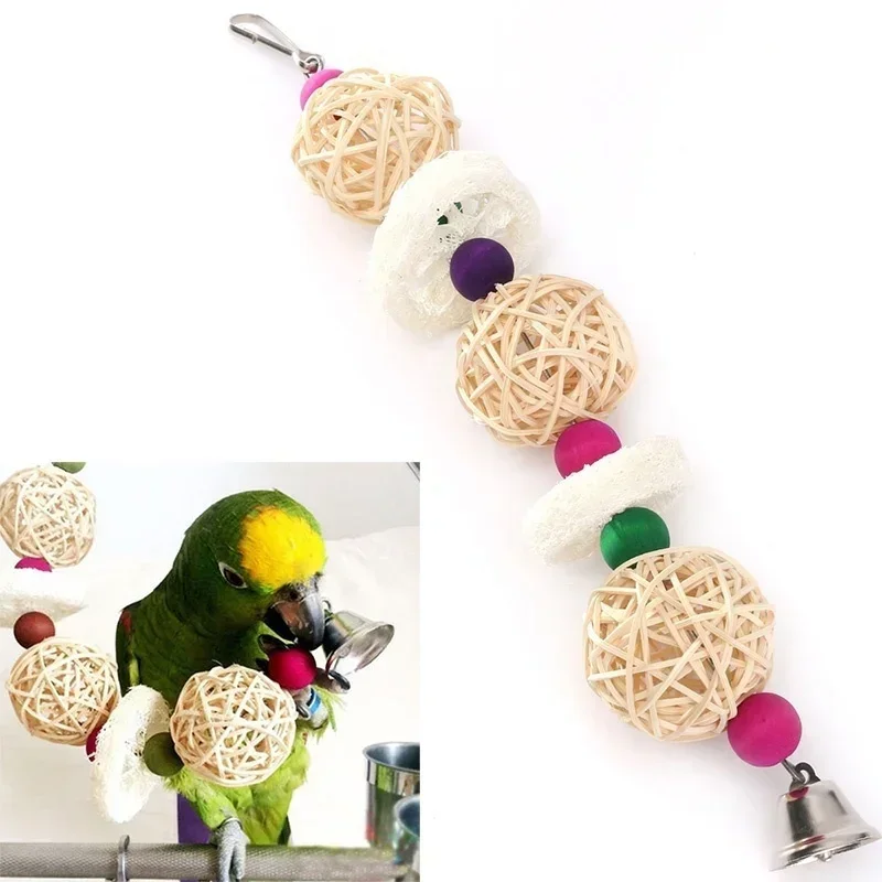 Bird Pet Bites Toy Parrot Macaw Luffa Bell Swing Scratcher C