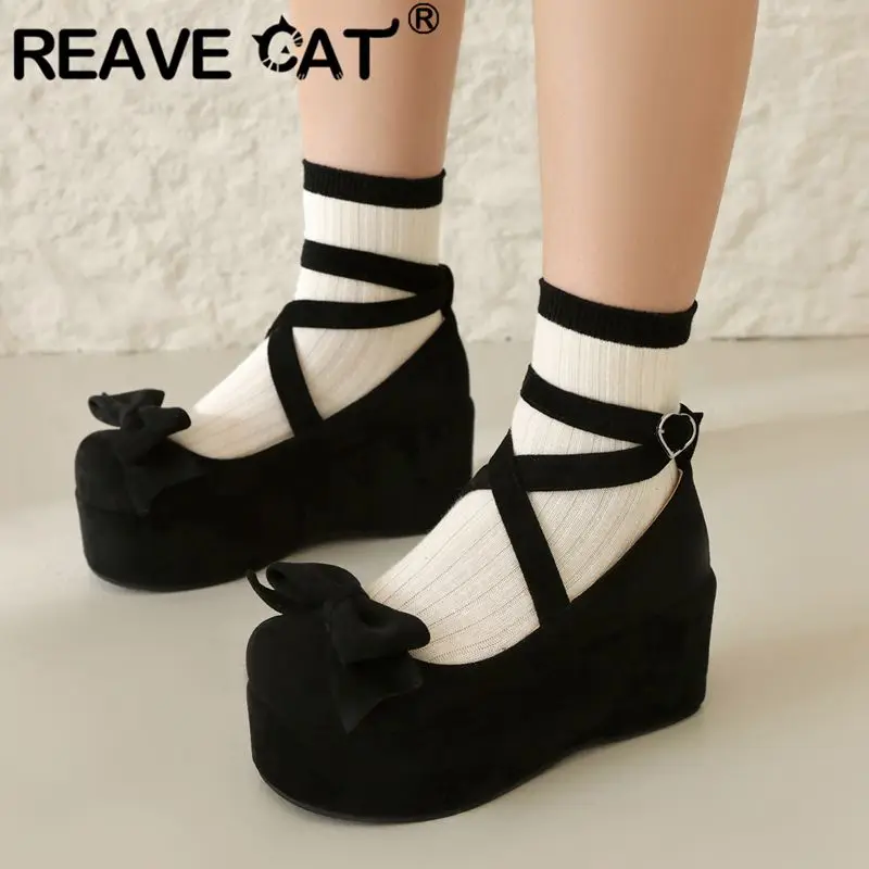 REAVE CAT Lolita Girls Sweet Pumps Round Toe Wedges 8.5cm Platform Bowknot Shoes Strap Size 44 45 Bowknot Daily Shoes