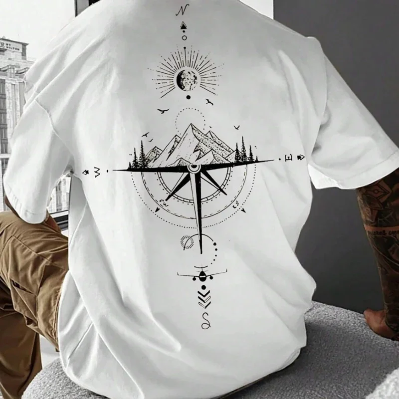 New Summer Men's T-Shirt 3d Compass Printed Short Sleeve Tees Simple Fashion Male Clothing Loose Oversized T-Shirt For Men 2024