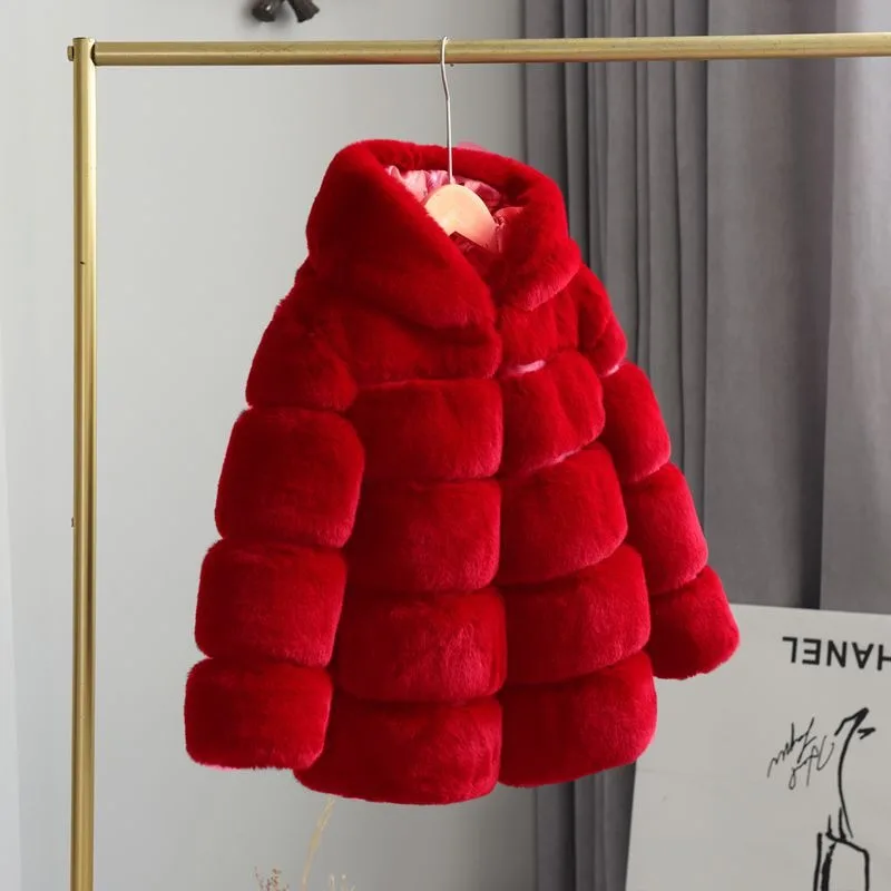 RAISE Winter Children Faux Fur Coat 3-12Yrs Junior Girl Warm Hooded Jacket Thick Soft Young Teen Girls Mid-length Outerwear Coat