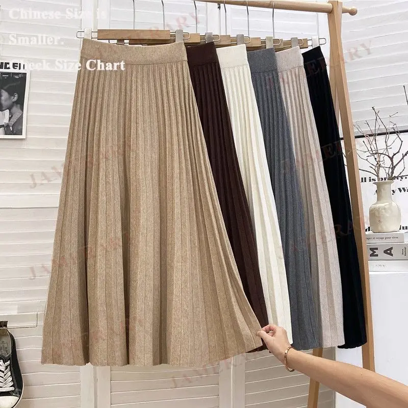 

Korean Autumn Winter Knitted Pleated Skirt For Women Loose Slim Fit A Line Knitwear Knitting Midi Long Skirts Lady