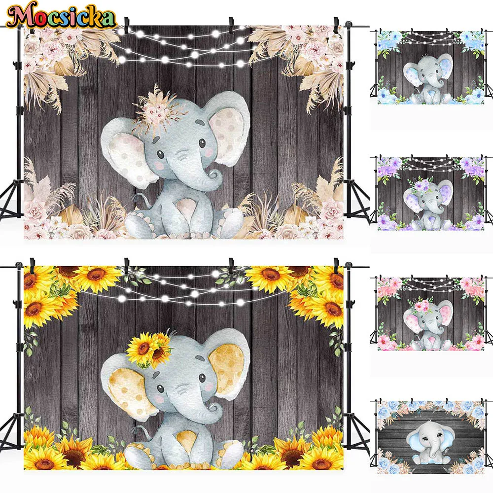 

Mocsicka Elephant Wooden Backdrop Newborn Birthday Party Decor Boho Flower Baby Shower Background Photo Studio Photography Props