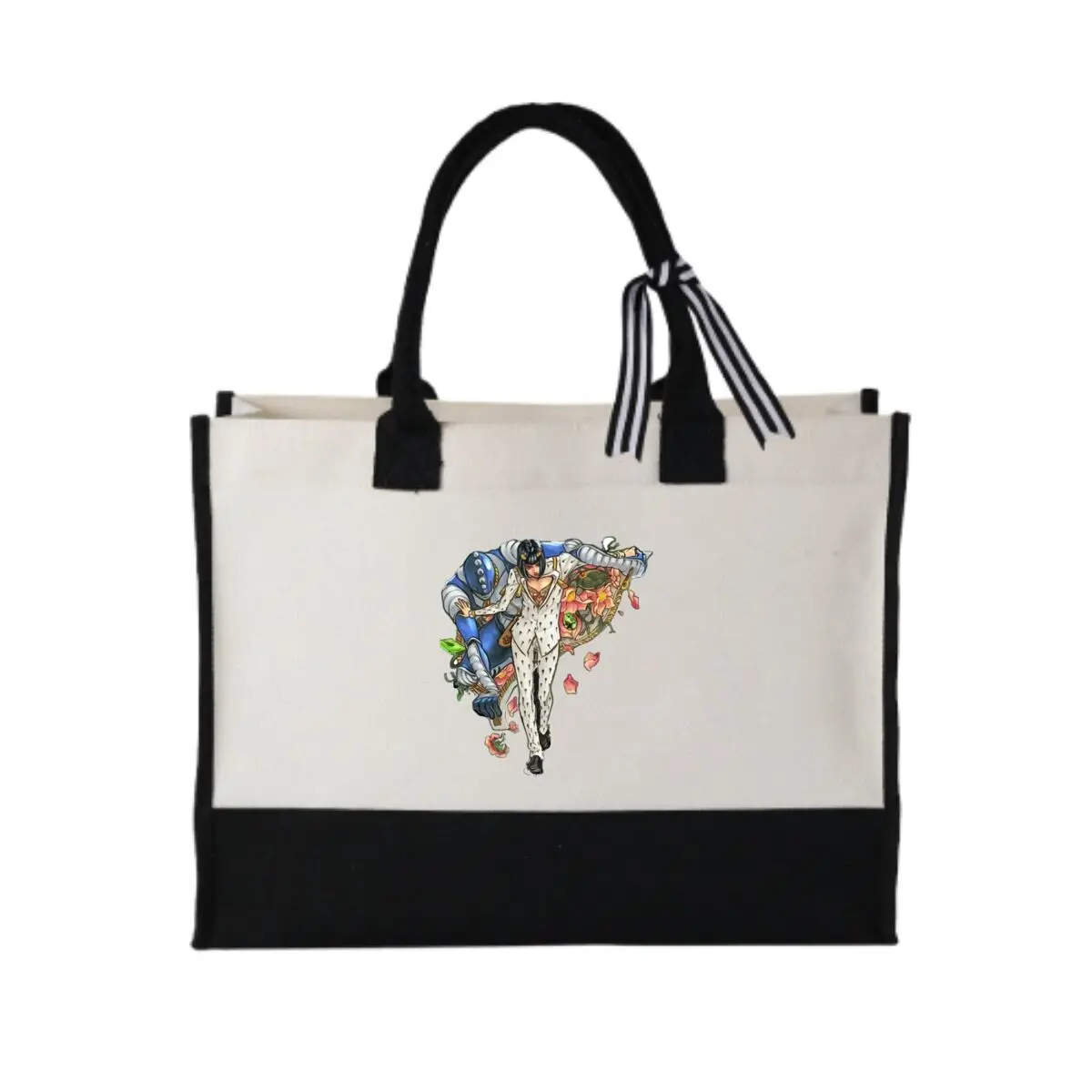 

Anime-Style Character & Stand Graphic Art Casual Patchwork Canvas Tote for Campus Book Carrying