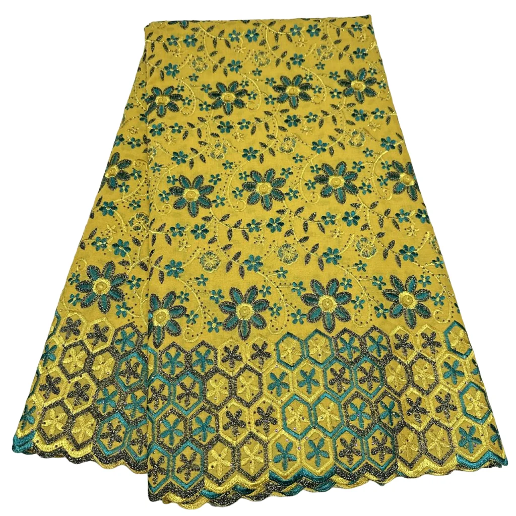 

Hot Swiss Voile Embroidered Lace Fabric High Quality African 100% Cotton Lace Fabric With Stones For Wedding 5 Yards Cloth Sew