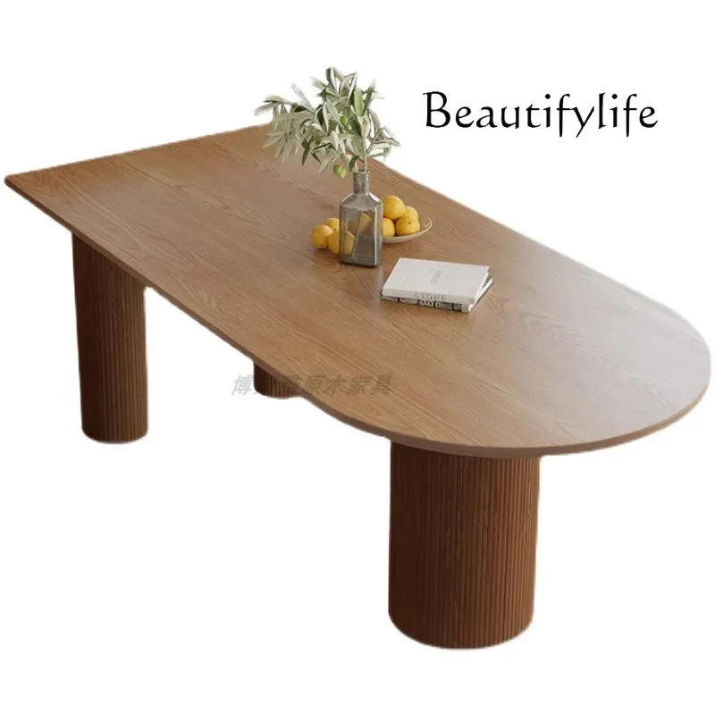 N36 Nordic oak solid wood island dining table integrated wabi wind semi-circular arc dining table tea table desk log