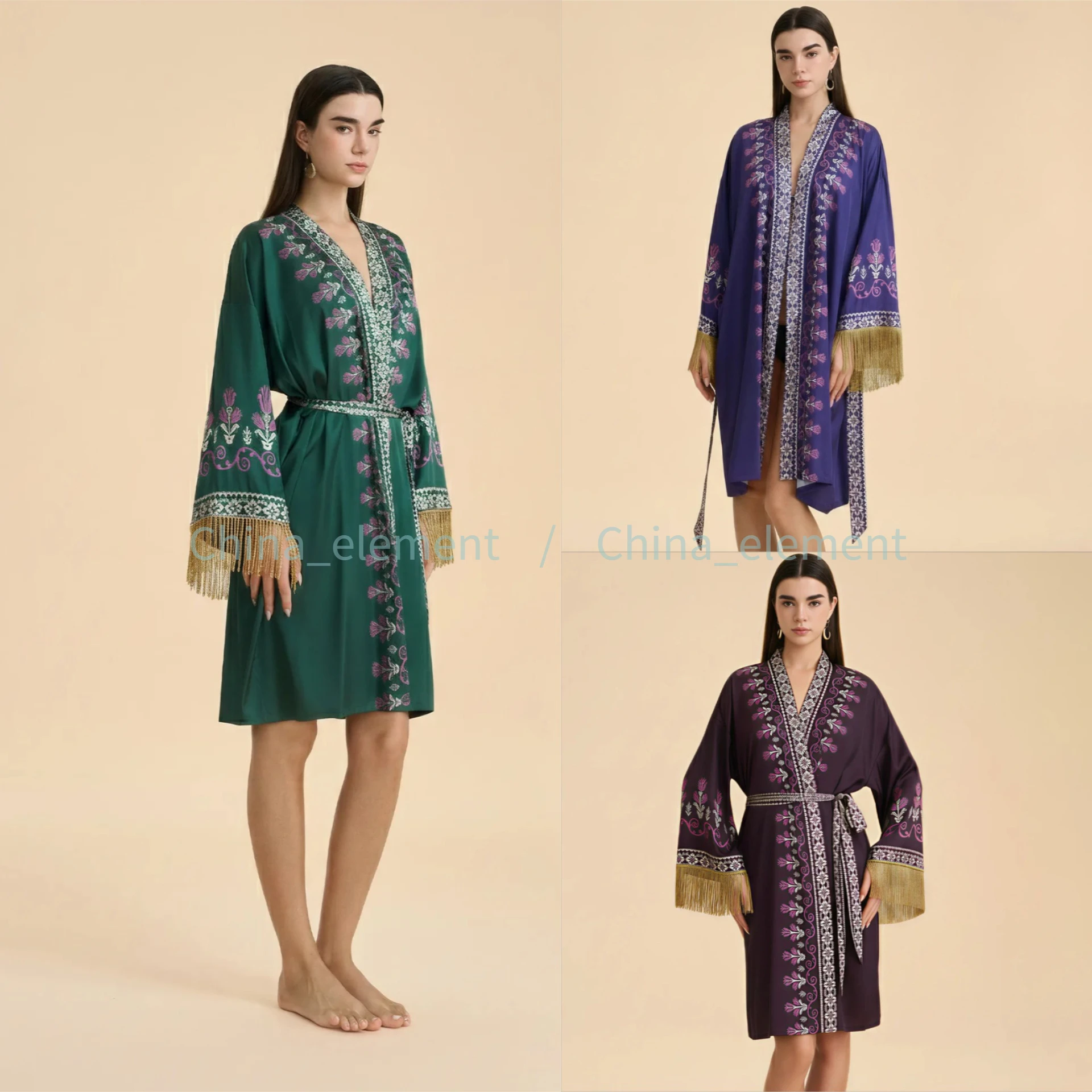 

Print Womens Robe Kimono Summer V-Neck Sleepwear Satin Dressing Gown with Tassel Home Dress Lingerie Bathrobe Lounge Wear