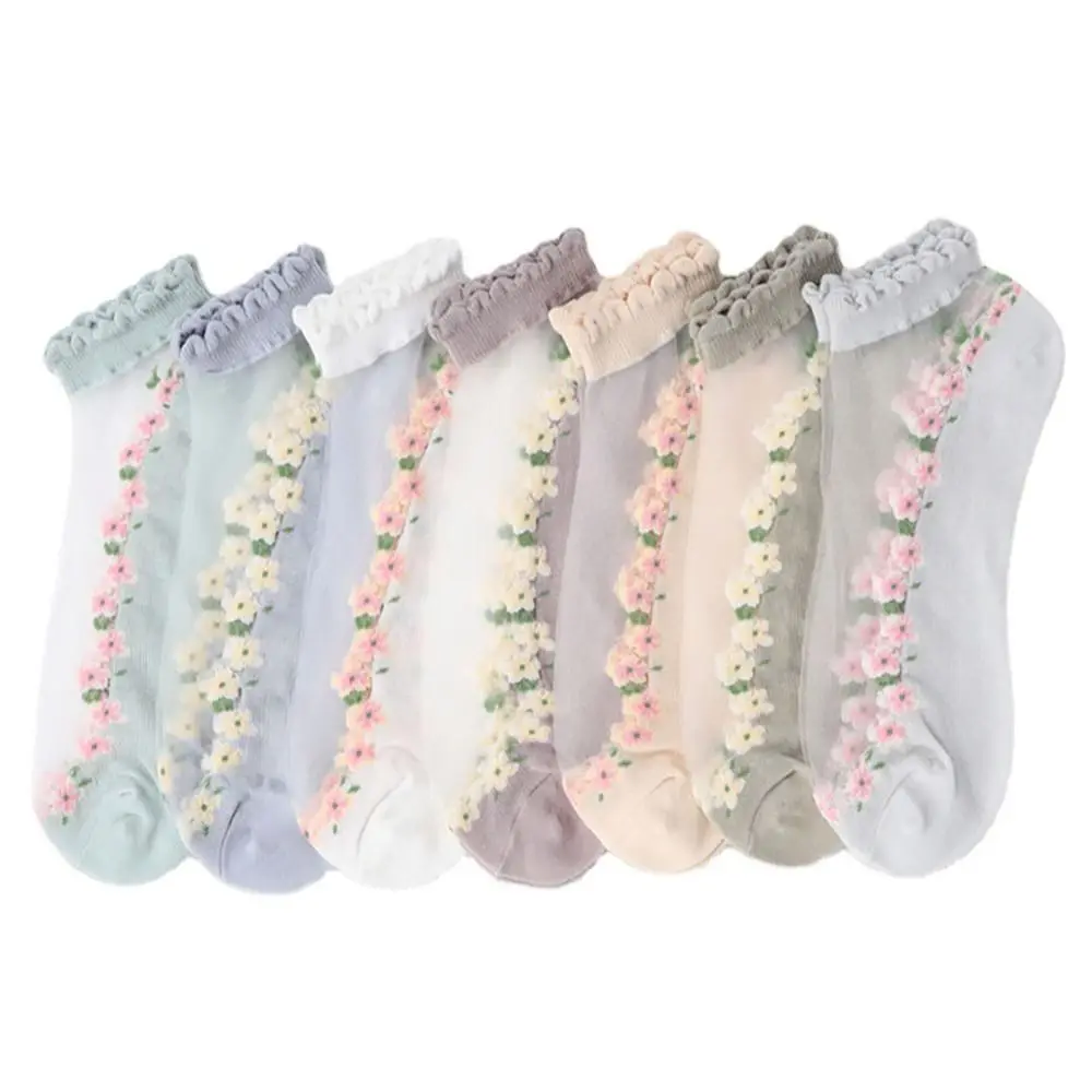 

High Quality Breathable Crystal Glass Silk Socks Transparent Lace Lastic Socks Jacquard Silk Short Socks