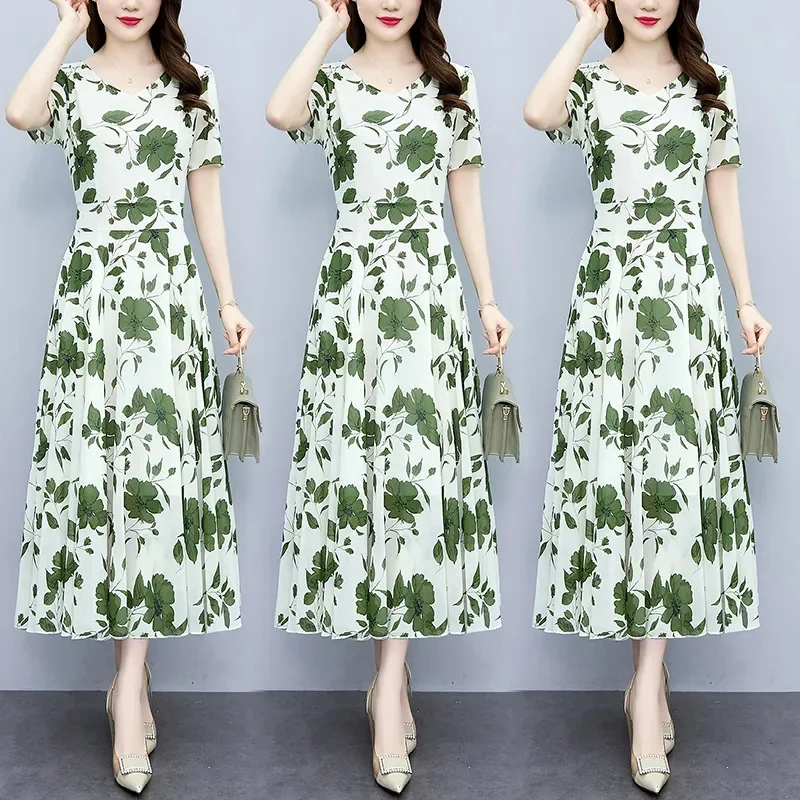 High-end Floral Chiffon Dress Long 2023 Summer New Big Size Fat MM Waist Slimming Belly Cover Skirt