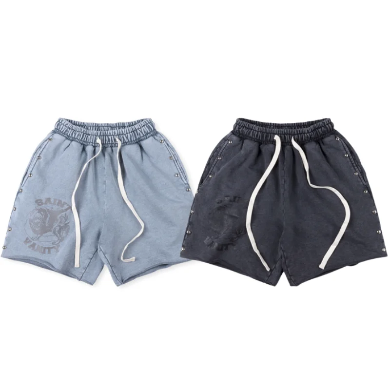 SAINT Shorts Men Women High Street Summer Wash Water Make Old Rivets Casual Sports Shorts Y2k