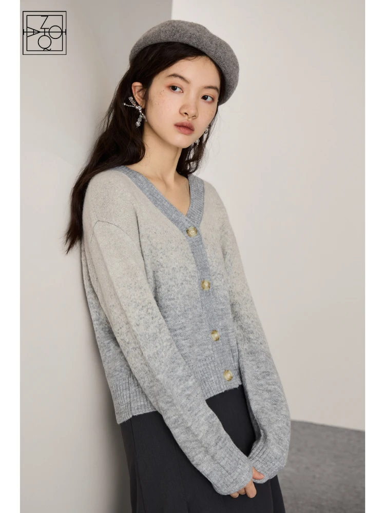 ZIQIAO French Retro Gradient Gray V-neck Sweater Jacket for Women 2023 Autumn Niche Design Wool Cardigan Short Coat Female