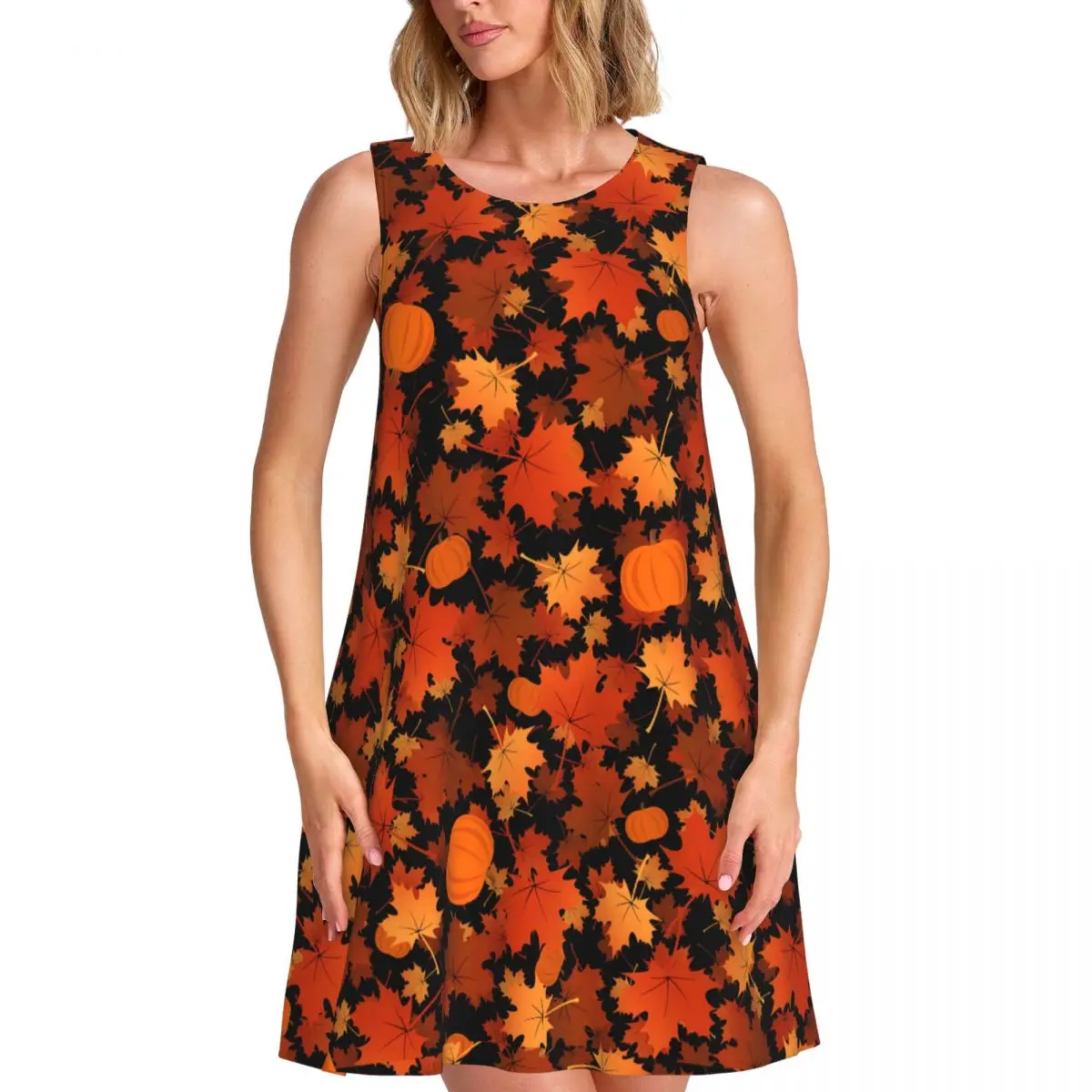 Pumpkin Print Dress Maple Leaves Club Dresses Ladies Sleeveless Simple Casual Dress Summer Pattern Oversize Clothing