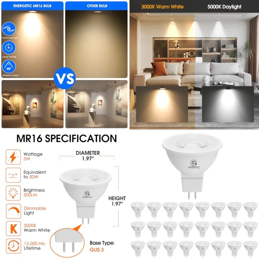 Energetic Dimmable MR16 5W 12V LED Light Bulb, 50W Halogen Equivalent, CRI 90+, GU5.3 Bi-Pin Base, 40 Degree Beam Angle, Warm W
