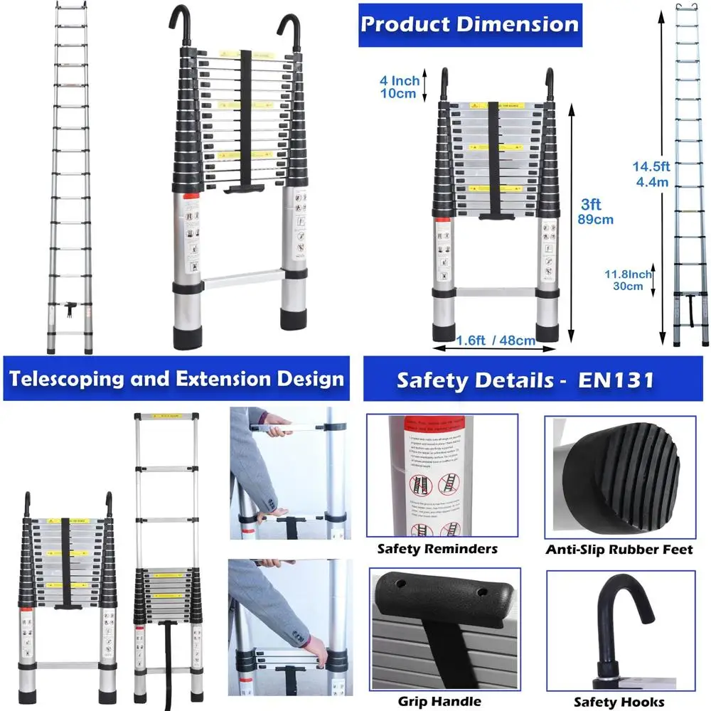 

Алюминиевая удлинительная лестница 14,4 фута/4,4 м со съемными крючками, сертифицированная EN131, грузоподъемность 330 фунтов, регулируемая для универсального использования