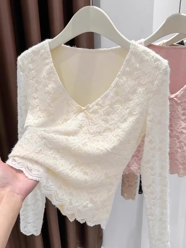 

Ele Lace V-ne Base irt Women's Slim Fit Autumn Winter Inner Wear Casual Long Sve Color Faion Top