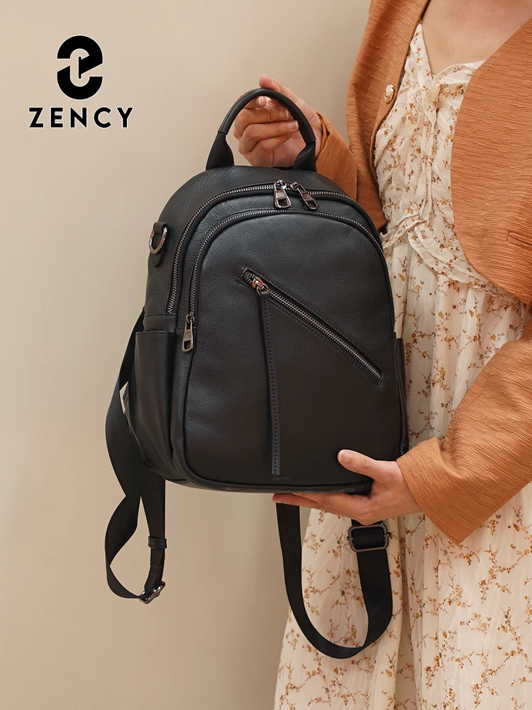 Zency Women's Genuine Leather Backpack Zip Pockets for Commuter Travel Work Ladies Shoulder Bag