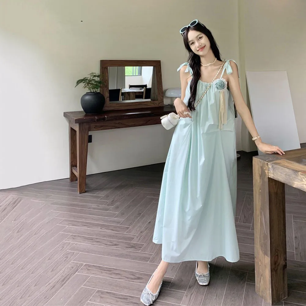 

Dress Women Summer Simple Sleeveless Temperament Casual Beach Long Dresses Ladies Elegant Ulzzang Solid Students Fresh Dress