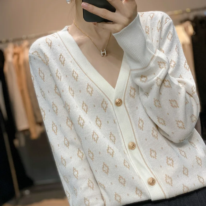 

Autumn/Winter womans clot New Six Diamond Gold Thread Cardigan V-neck Solid Sweater Casual 100% Wool Knitted Soft and Breathable