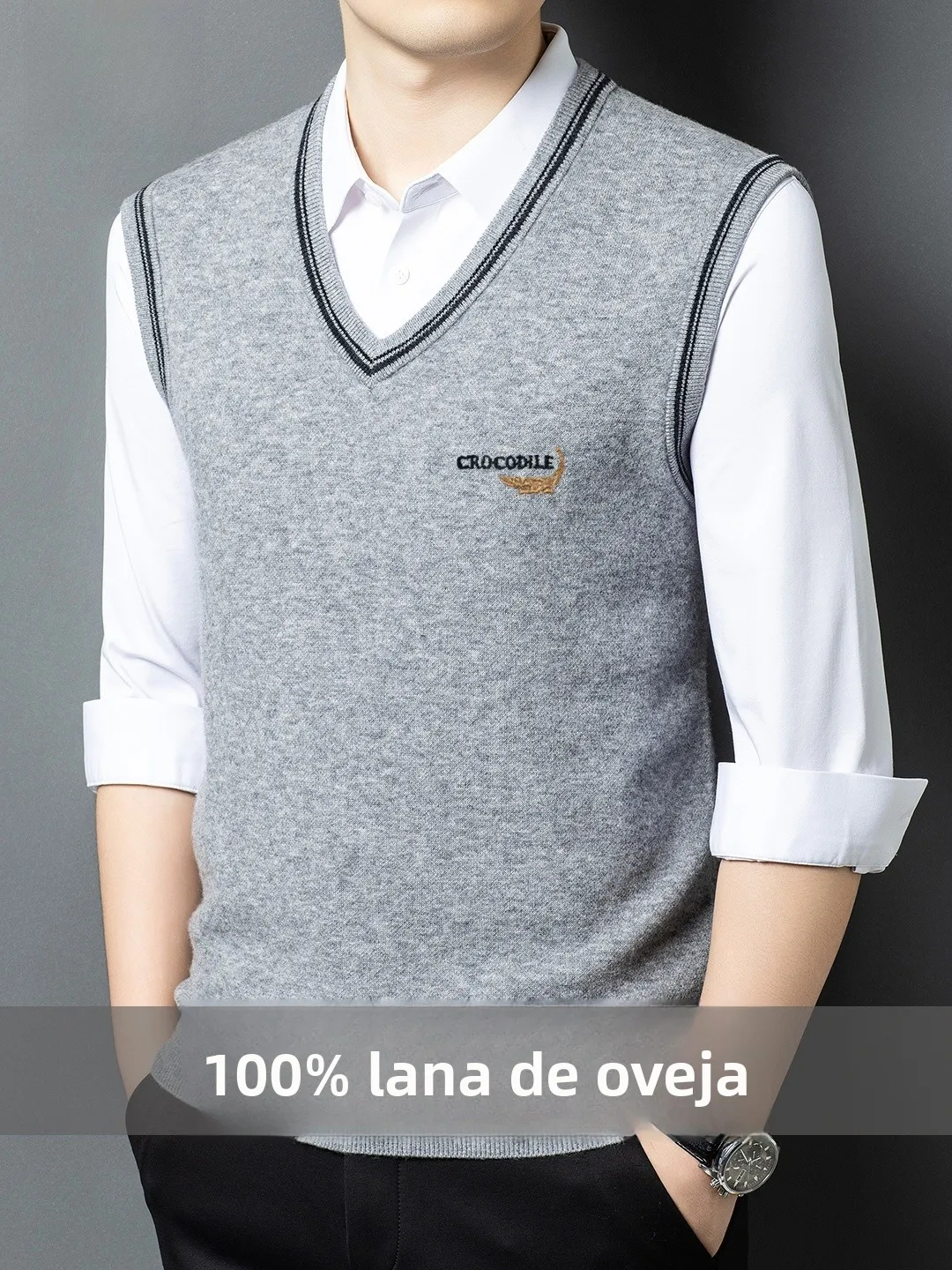 Chaleco de lana tejido con cuello en V para hombre Crocodile, estilo 2025, capa base gruesa, suéter sin mangas, ajuste estánd...
