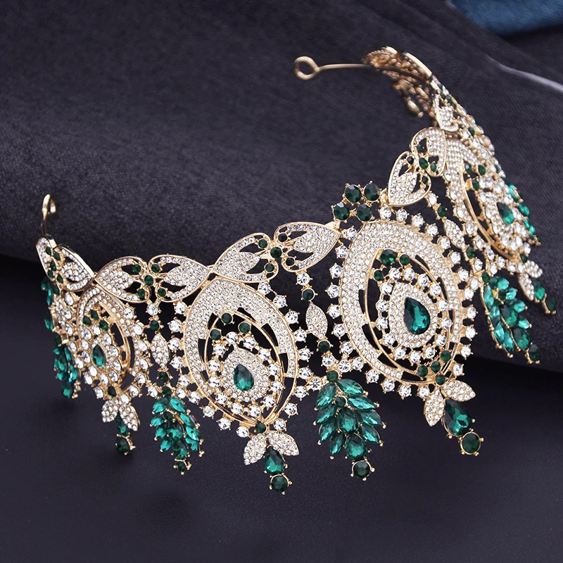 High Royal Queen Wedding Crown for Women Large Green Diadem Banquet Bridal Tiaras Party Costume Hair Jewelry Accessories