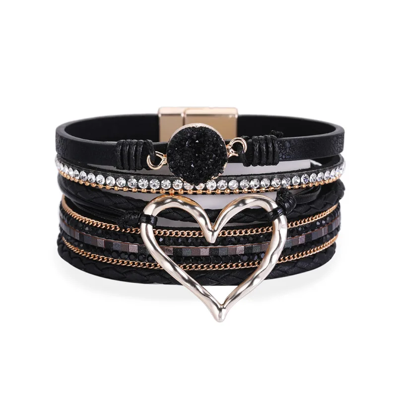 Kirykle Boho Women Jewelry Multi-layer Leather Rope Woven Inlaid Rhinestone Love Accessory Magnetic Buckle Open Girl Bracelet