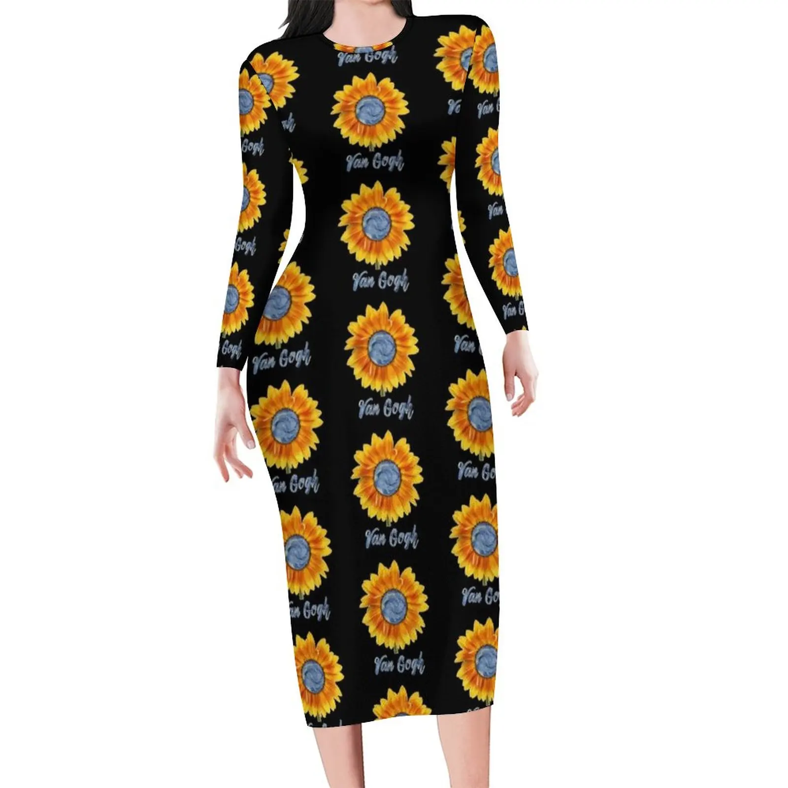 Sunflower Art Dress Long Sleeve Van Gogh Starry Night Sunflowers Fashion Dresses Spring Elegant Bodycon Dress Big Size Vestidos