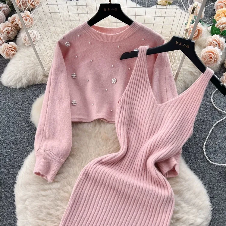 Korejepo Celebrity Temperament Crew Neck Beaded High Waist Short Belly Button Sweater Two Piece Set Knitted Vest Dress Women