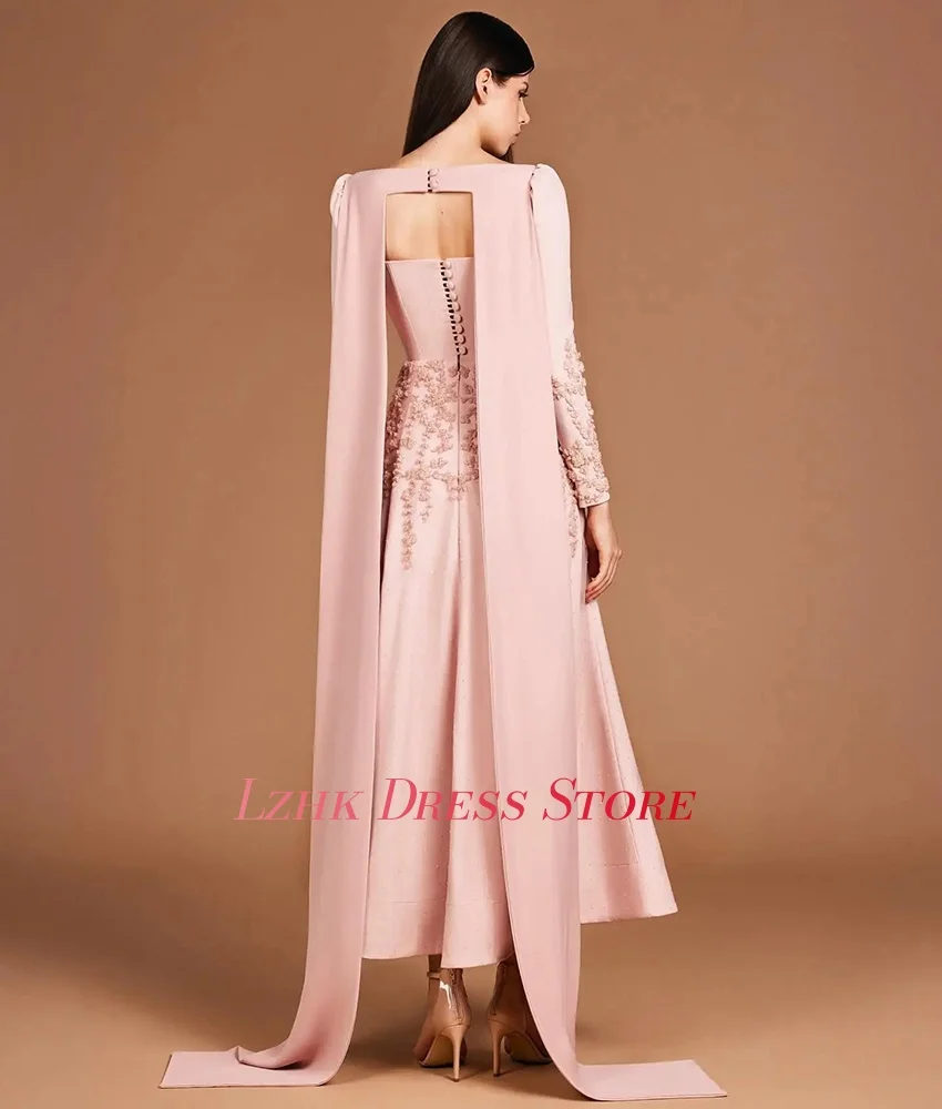 Abito da sera personalizzato in jersey di alta qualità con applicazioni a trapezio e bottoni, delicati abiti da festa alla caviglia con maniche lunghe e collo quadrato