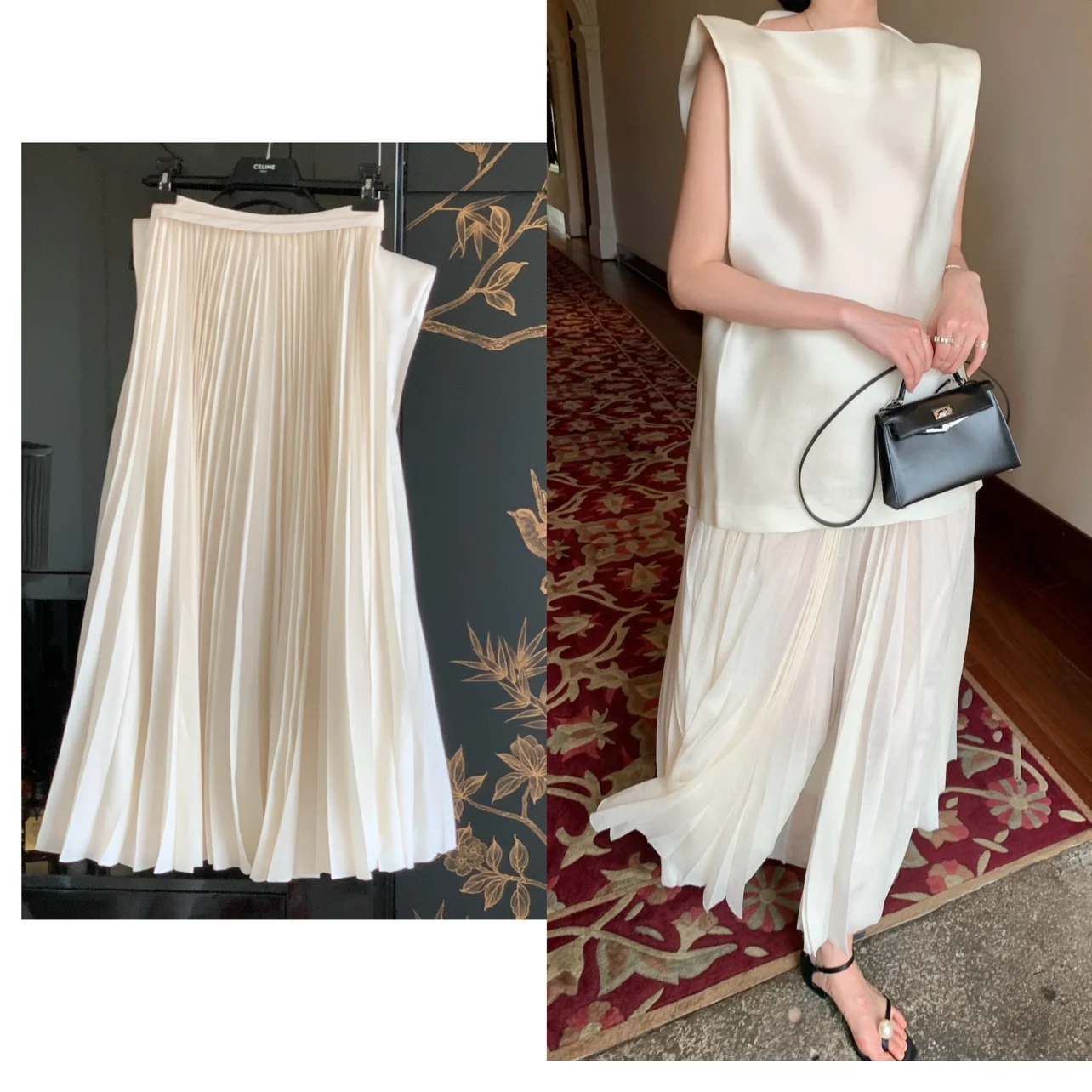 

Ele Cold Tone Double Layer Silk Georgette Midi Skirt with Pleated Design Casual High Waist A-Line Skirt for Women