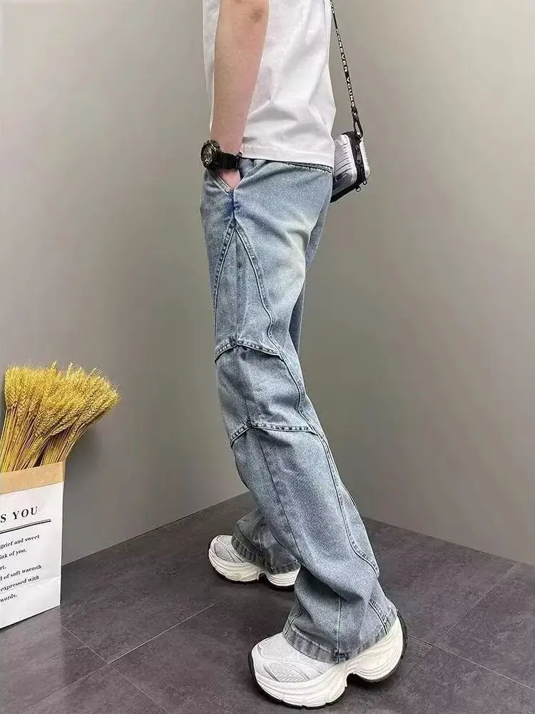 Men's Trendy Deconstructed Jeans Elastic Waist Loose Straight High Street American Slight Flare Pants