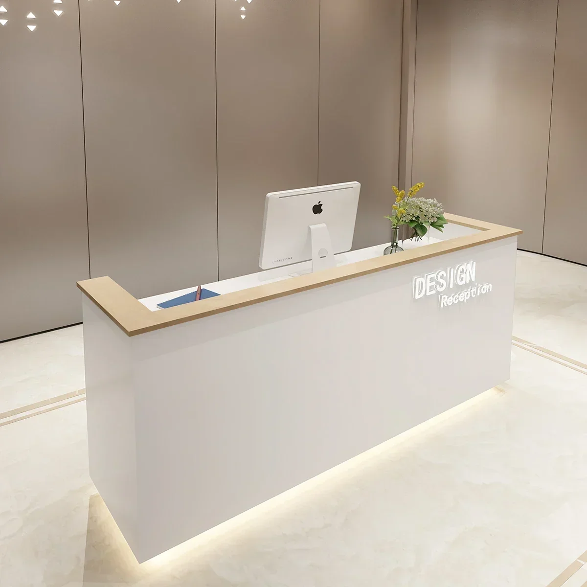 

Reception Salon Bar Counter Beauty Restaurant Furniture Aesthetic Cafe Center Decor Church Desk Modern Gold Floaoting Shelf Spa