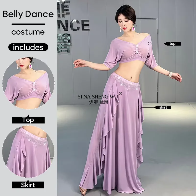 

Belly Dance Worksuit Practice Clothes Top and Skirt 2 Pieces Set Training Suit Set For Adult Women Dancing Stage Performance