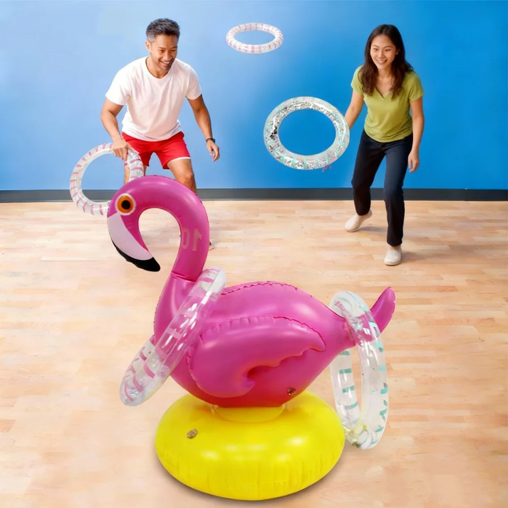 ชุดของเล่นเป่าลม PVC สำหรับเล่นกลางแจ้ง พร้อมห่วง 4 วง เกมโยนห่วงรูปนกฟลามิงโก สำหรับการแข่งขันกีฬา