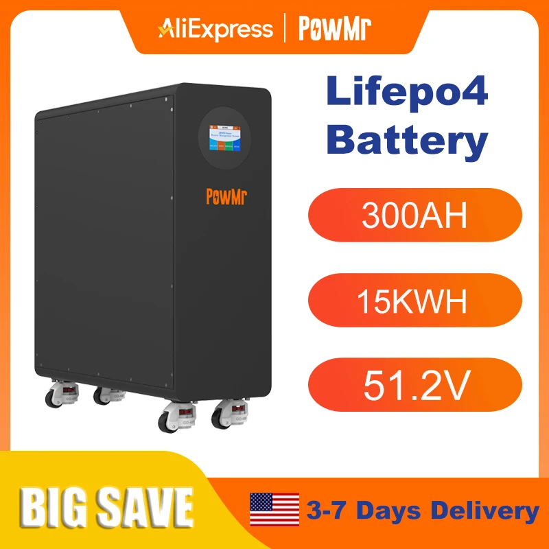 

PowMr 300AH LiFePO4 Battery 48V 16KWH Solar Generator Battery Packs Solar Lithium Battery Home Energy 6000+ Cycle CAN BMS Up to 16 Units in Parallel